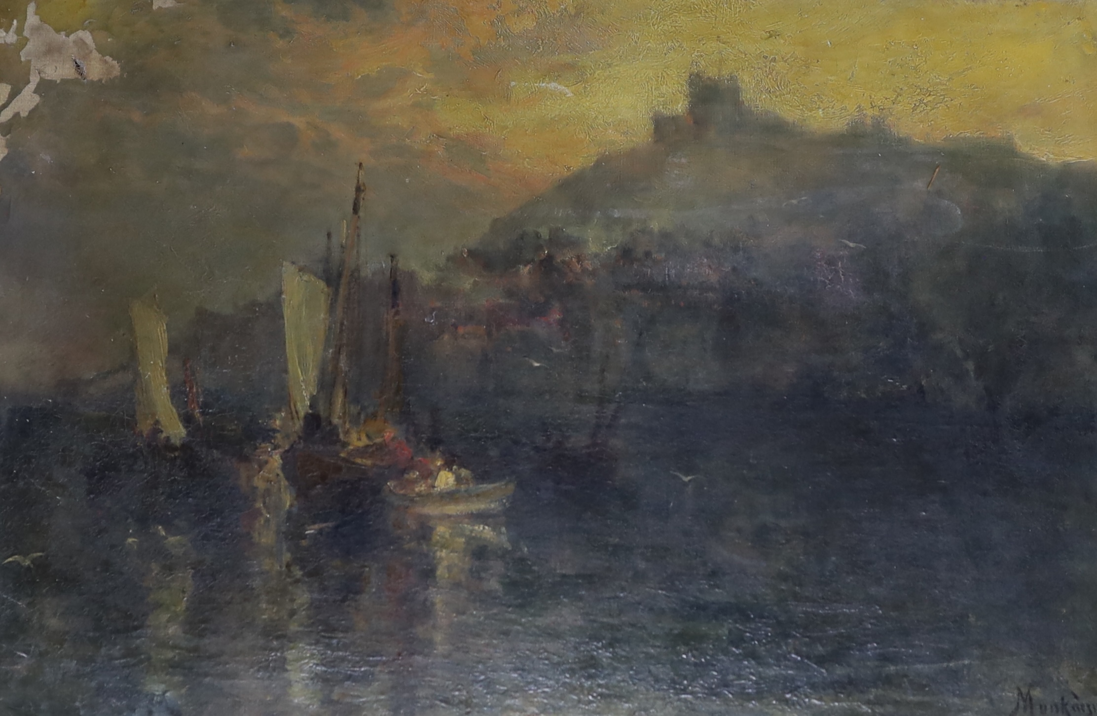 After Munkácsy (Hungarian, 1844-1900), oil on canvas, 'Shipping on a calm sea at night, Whitby beyond', signed, 39 x 59cm. Condition - fair